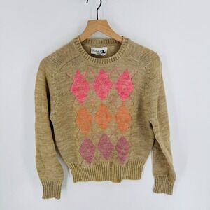 Vintage Hunter's Glen Tan Argyle Knit Sweater Size L Heritage Equestrian